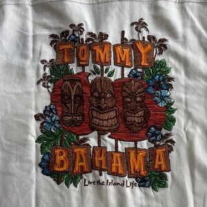 Tommy Bahama Silk Tiki Themed Cream Hawaiian Exclusive Embroidered Shirt